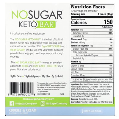 None Sugar Company, Keto Bar, Cookies & Cream, 12 bars, 1.41 oz (40 g)