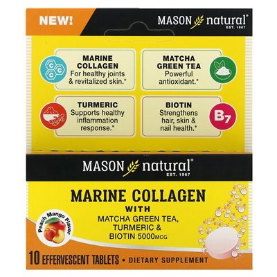 Mason Natural, Marine Collagen with Green Tea, Turmeric & Biotin, Peach Mango, 5000 mcg, 10 Effervescent Tablets
