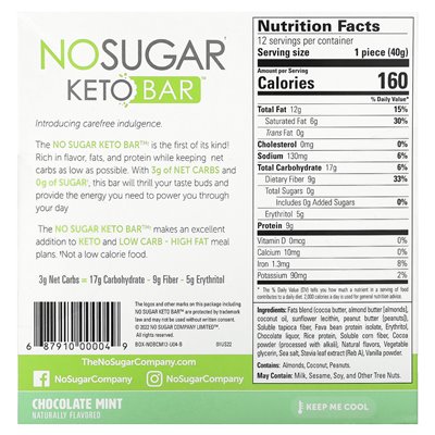 None Sugar Company, Keto-Riegel, Schokoladenminze, 12 Riegel, 1,41 oz (40 g)