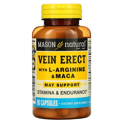 Mason Natural, Żyły Erekcyjne z L-Argininą i Macą, 80 Kapsułek Mason Natural, Żyły Erekcyjne z L-Argininą i Macą, 80 Kapsułek