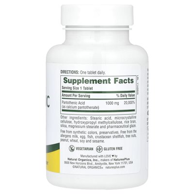 Naturesplus, kwas pantotenowy, 1000 mg, 60 tabletek Naturesplus, kwas pantotenowy, 1000 mg, 60 tabletek