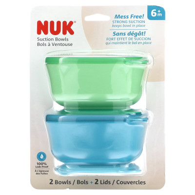 Nuk, miski ssące, ponad 6 miesięcy, niebieski i zielony, 2 miski + 2 pokrywki