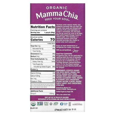 Mamma Chia, organiczna chia squeeze, przekąska witalność, Blackberry Bliss, 8 ścisków, 3,5 uncji (99 g)