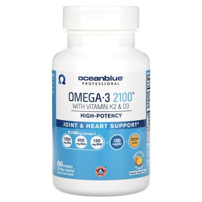 Oceanblue, Professional, Omega-3 2100 z witaminą K2 i D3, wysoką potrawą, naturalną pomarańczową, 60 softgels