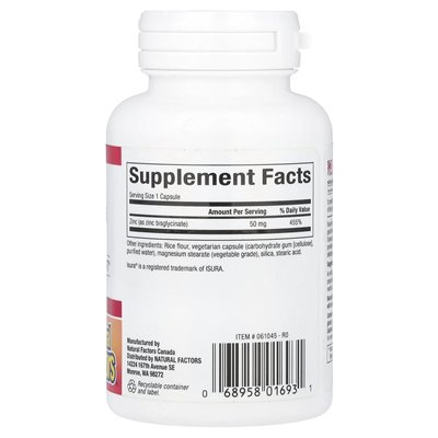 Czynniki naturalne, bisglicynian cynku, 50 mg, 60 kapsułek wegetariańskich