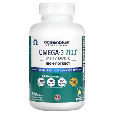 Oceanblue, Professional, Omega-3 2100 z witaminą D, wysoką siłą, wanilią, 120 softgels Oceanblue, Professional, Omega-3 2100 z witaminą D, wysoką siłą, wanilią, 120 softgels