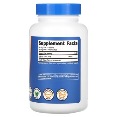 Nutricost, kwas liponowy R-alfa, 100 mg, 120 kapsułek