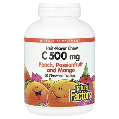 Czynniki naturalne, smak owoców witamina C, brzoskwinia, pasjonarka i mango, 500 mg, 90 wafli do żucia