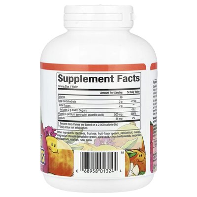 Czynniki naturalne, smak owoców witamina C, brzoskwinia, pasjonarka i mango, 500 mg, 90 wafli do żucia