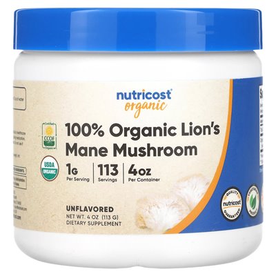 Nutricost, 100% Organic Lion's Mane Mushroom, Unflavored, 4 oz (113 g) Nutricost, 100% Organic Lion's Mane Mushroom, Unflavored, 4 oz (113 g)