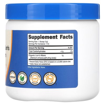 Nutricost, 100% Organic Lion's Mane Mushroom, Unflavored, 4 oz (113 g) Nutricost, 100% Organic Lion's Mane Mushroom, Unflavored, 4 oz (113 g)