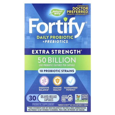Nature's Way, Fortify, Daily Probiotic + Prebiotics, dodatkowa siła, 50 miliardów, 30 opóźnionych kapsułek uwalniania
