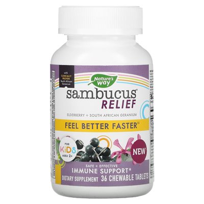 Nature's Way, Sambucus Relief, wsparcie immunologiczne, dla dzieci, w wieku 2+, jagoda, 36 tabletek do żucia