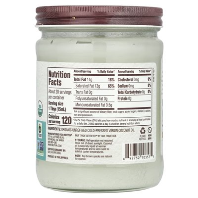 Nutiva, organiczny dziewiczy olej kokosowy, 14 fl oz (414 ml)