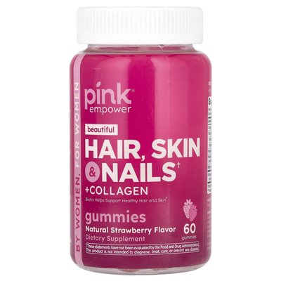Pink, beautiful, hair, skin and nails + collagen, natural strawberry, 60 gumzy