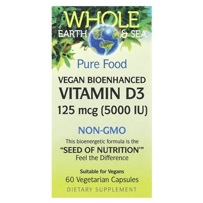 Naturalne czynniki, Whole Earth &amp Sea®, wegańska bioenhanced witamina D3, 125 mcg (5000 IU), 60 kapsułek wegetariańskich