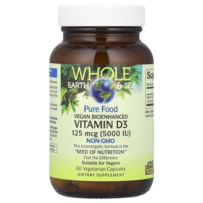 Naturalne czynniki, Whole Earth &amp Sea®, wegańska bioenhanced witamina D3, 125 mcg (5000 IU), 60 kapsułek wegetariańskich