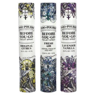 Poo-Pourri, On-The-Go, Before-You-Go Toilet Sprays, Value Set, 3 Sprays, 0.34 fl oz (10 ml) Each Poo-Pourri, On-The-Go, Before-You-Go Toilet Sprays, Value Set, 3 Sprays, 0.34 fl oz (10 ml) Each
