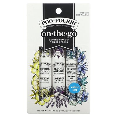 Poo-Pourri, On-The-Go, Before-You-Go Toilet Sprays, Value Set, 3 Sprays, 0.34 fl oz (10 ml) Each Poo-Pourri, On-The-Go, Before-You-Go Toilet Sprays, Value Set, 3 Sprays, 0.34 fl oz (10 ml) Each