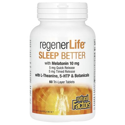 Naturalne czynniki, regenerLife, lepiej spać z melatoniną, L-teaniną i botanicką, 60 tabletkami trójcy