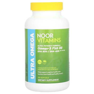 Witaminy Noor, Ultra omega, olej rybny omega-3, formuła ultra mocy, 120 miękkich