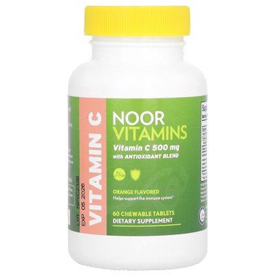 Witaminy Noor, witamina C z mieszanką przeciwutleniającą, pomarańczową, 500 mg, 60 tabletek do żucia