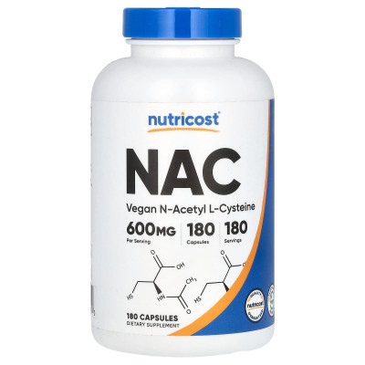Nutricost, NAC, wegańska n-acetyl-l-cysteine, 600 mg, 180 kapsułek