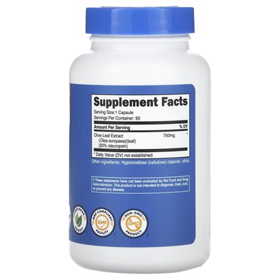 Nutricost, ekstrakt z liści oliwek, 750 mg, 90 kapsułek