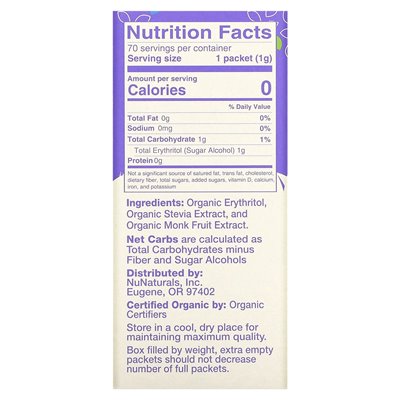 Nunaturals, Organic Sweetener, Stevia & Monk Fruit, 70 Packets, 2.47 oz (70 g)