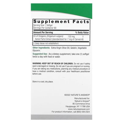 Nature's Answer, Olej z Oregano, 150 mg, 90 Softgeli Nature's Answer, Olej z Oregano, 150 mg, 90 Softgeli