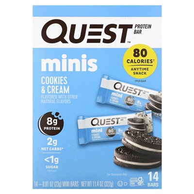 Quest Nutrition, Protein Bar, Minis, Cookies & Cream, 14 barów, 0,81 uncji (23 g) każdy Quest Nutrition, Protein Bar, Minis, Cookies & Cream, 14 barów, 0,81 uncji (23 g) każdy