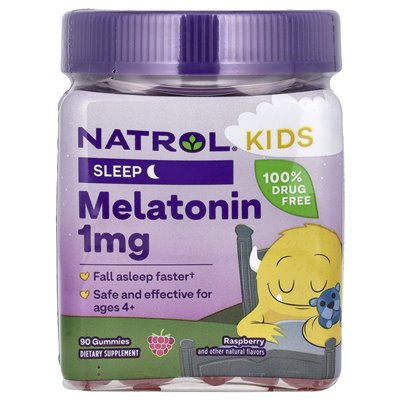 Natrol, dzieci, gumie melatoninowe, wiek 4+, malina, 1 mg, 90 gumzy