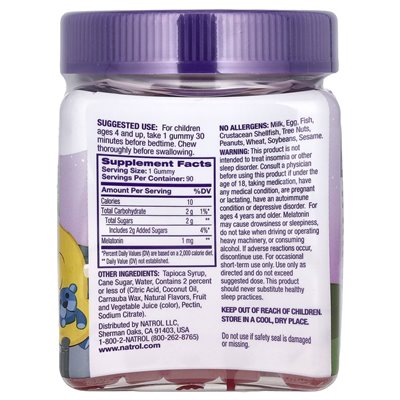 Natrol, dzieci, gumie melatoninowe, wiek 4+, malina, 1 mg, 90 gumzy