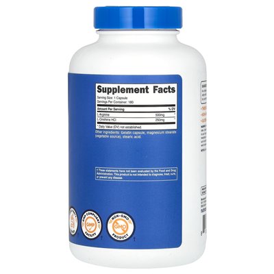 Nutricost, L-arginina + L-Norytina, 750 mg, 180 kapsułek