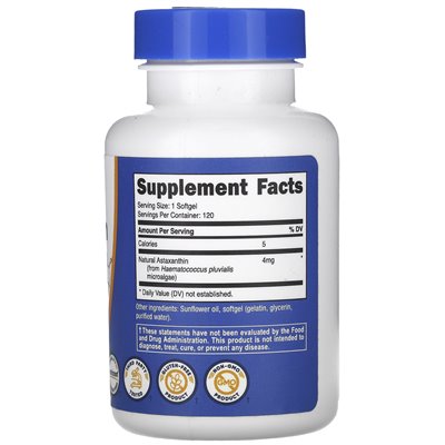 Nutricost, astaksantyna, 4 mg, 120 miękkich