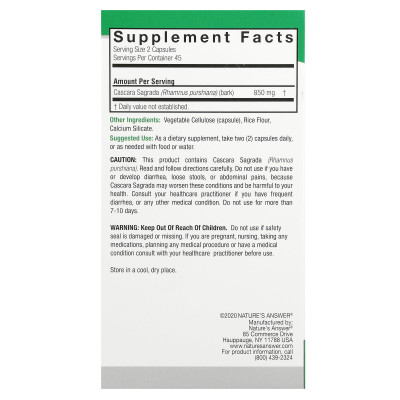 Odpowiedź natury, Cascara Sagrada, 850 mg, 90 kapsułek wegetariańskich (425 mg na kapsułkę)