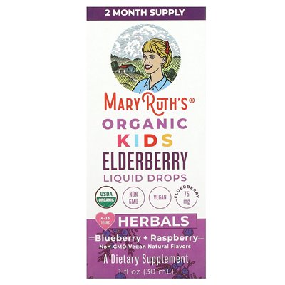 Maryruth's, Organic Kids Elderberry Liquid Drops, 4-13 lat, Blueberry + Raspberry, 1 Fl Oz (30 ml) Maryruth's, Organic Kids Elderberry Liquid Drops, 4-13 lat, Blueberry + Raspberry, 1 Fl Oz (30 ml)