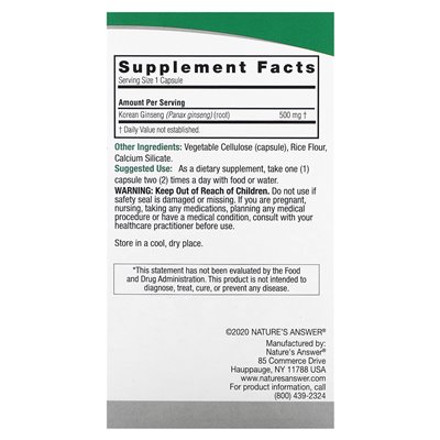 Nature's Answer, Koreanischer Ginseng, 500 mg, 50 vegetarische Kapseln