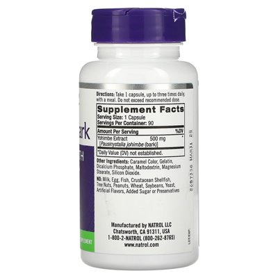 Natrol, kora Yohimbe, 500 mg, 90 kapsułek