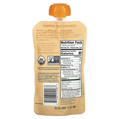Pumpkin Tree Organics, Peter Rabbit Organics, Organic Fruit Puree, Apple &amp Peach, 4 uncje (113 g)