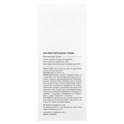 SNP, Prep Peptaronic, peptyd i kwas hialuronowy, toner, 10,82 Fl Oz (320 ml)