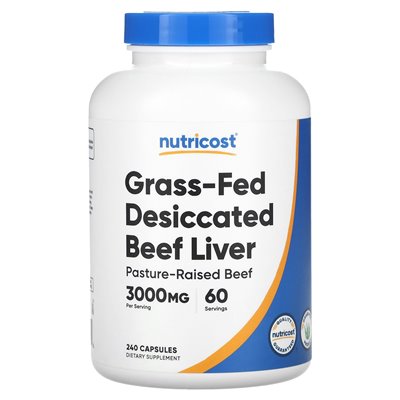 Nutricost, karmiona trawą wątroba wołowiny, 3000 mg, 240 kapsułek (750 mg na kapsułkę)