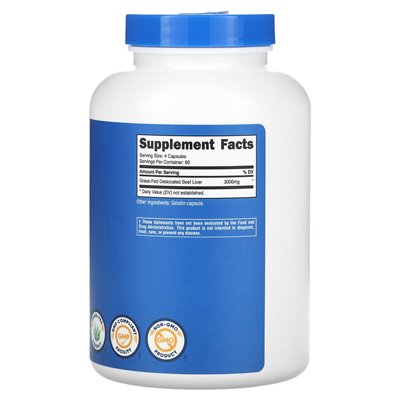 Nutricost, karmiona trawą wątroba wołowiny, 3000 mg, 240 kapsułek (750 mg na kapsułkę)