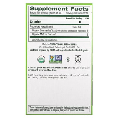 Traditional Medicinal Organic Green Tea with Toasted Rice, Matcha, 16 Wrapped Tea Bags, 0.85 oz (24 g)