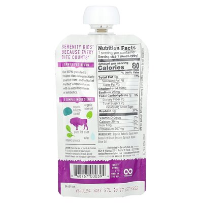 Serenity Kids, Bizon z Organicznym Kabocha Squash & Szpinakiem, 6+ Miesięcy, 3.5 oz (99 g) Serenity Kids, Bizon z Organicznym Kabocha Squash & Szpinakiem, 6+ Miesięcy, 3.5 oz (99 g)