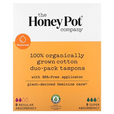 The Honey Pot Company, w 100% uprawiana bawełniana tampony z duetami, regularne i super chłonne, 18 liczba The Honey Pot Company, w 100% uprawiana bawełniana tampony z duetami, regularne i super chłonne, 18 liczba