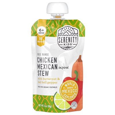 Serenity Kids, Chicken Mexican Inspired Gulasz z butternut &amp Red Bell Pepper, 6+ miesięcy, 3,5 uncji (99 g)