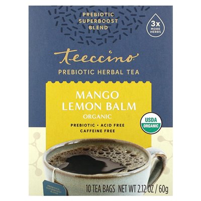 Teeccino, organiczna prebiotyczna herbata ziołowa, balsam cytrynowy mango, kofeina, 10 toreb herbaty, 2,12 uncji (60 g)