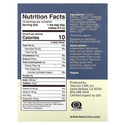 Teeccino, Organic Prebiotic Herbal Tea, Lemon Mango Balm, Caffeine, 10 Tea Bags, 2.12 oz (60 g) Teeccino, Organic Prebiotic Herbal Tea, Lemon Mango Balm, Caffeine, 10 Tea Bags, 2.12 oz (60 g)