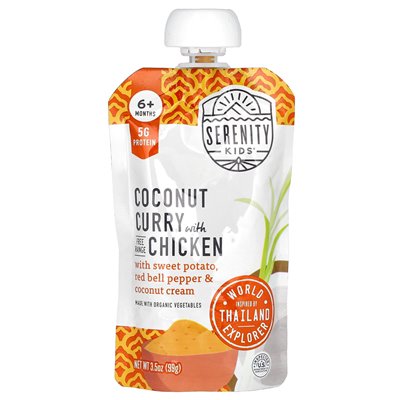 Serenity Kids, Coconut Curry z kurczakiem ze słodkim ziemniakiem, czerwoną pieprzem i kremem kokosowym, 6+ miesięcy, 3,5 uncji (